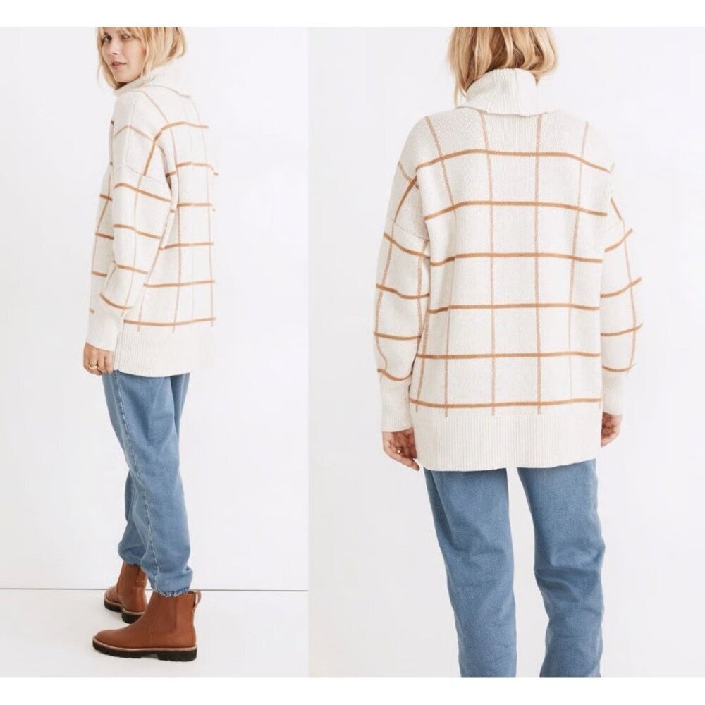 Madewell Pearldale Turtleneck Sweater Windowpane Cotton & Merino Wool Blend Sz M